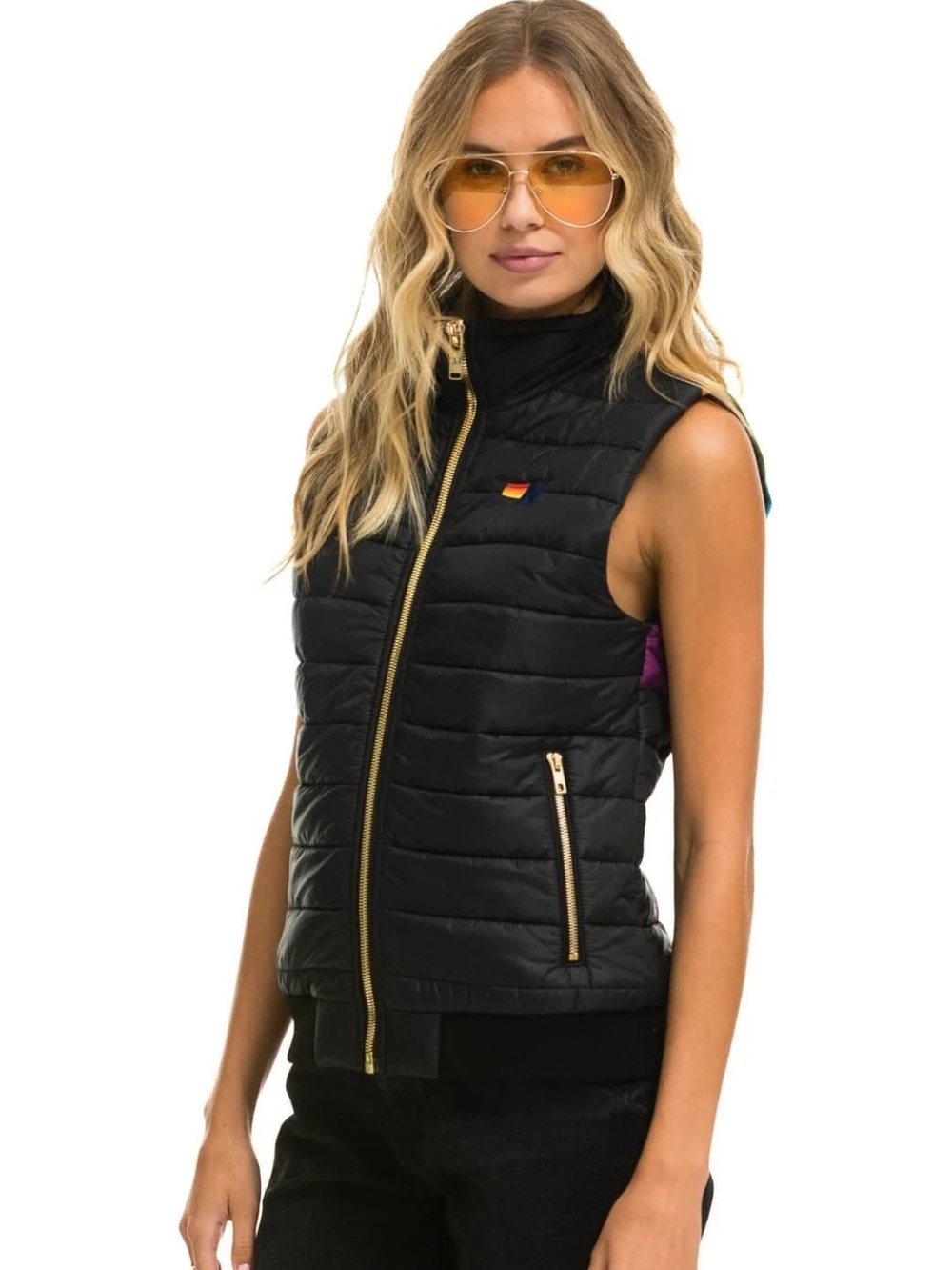 Aviator Nation Rainbow Sunrise Puffer Vest Black Quilted Zip Up Size S
